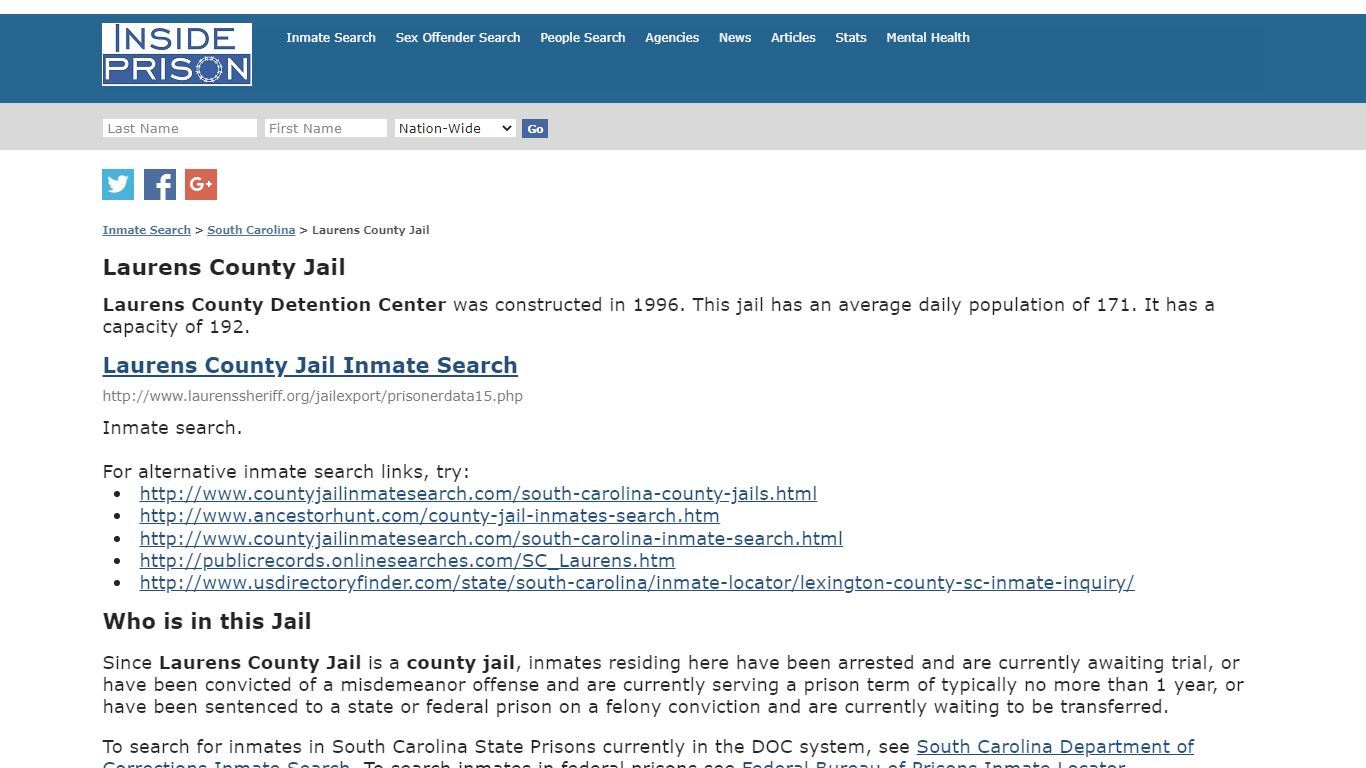 Laurens County Jail - South Carolina - Inmate Search